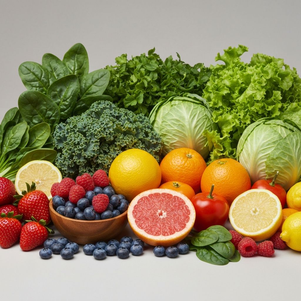 Colorful fresh fruits and vegetables rich in vitamins
